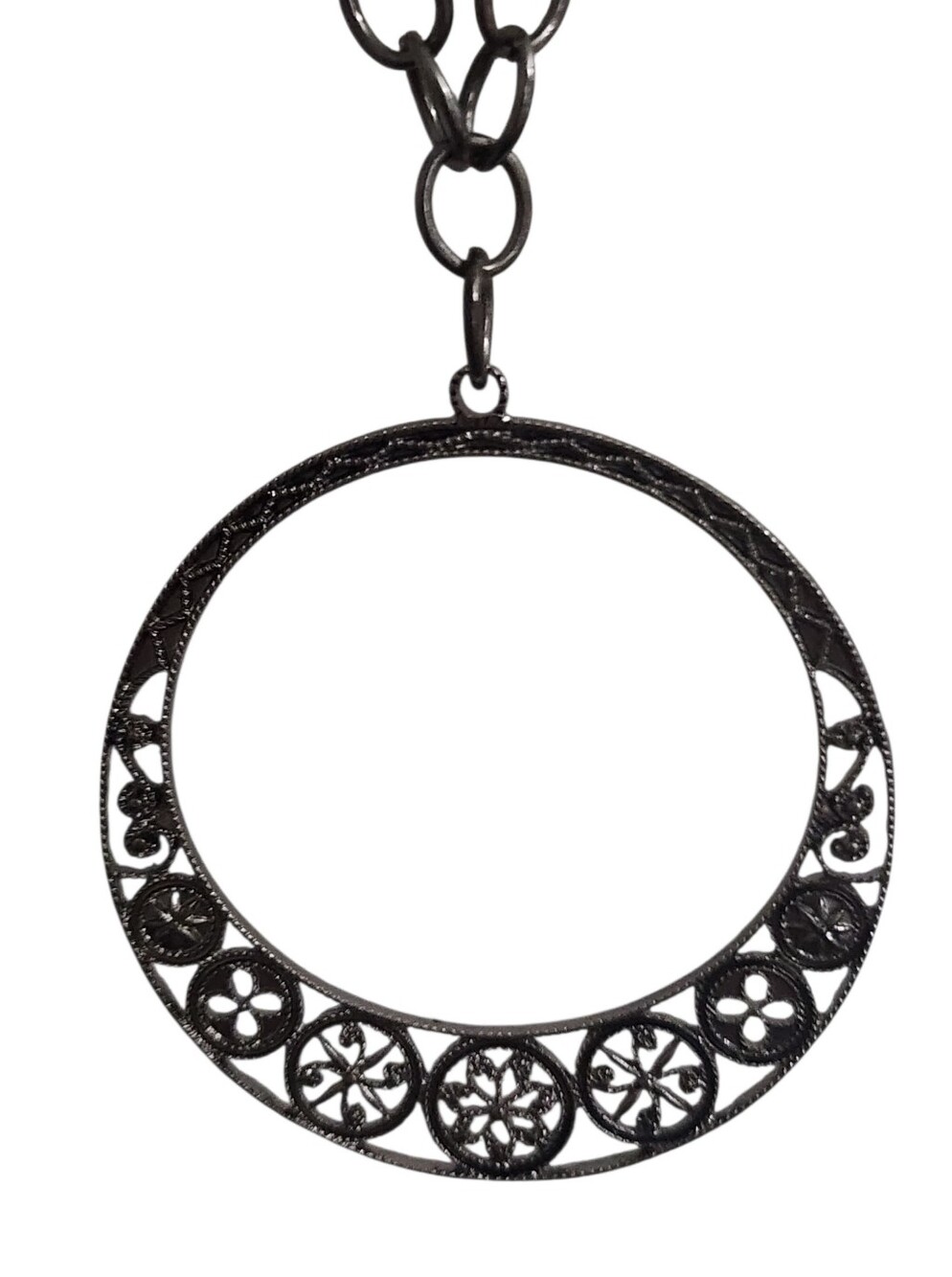 Gunmetal Filigree Circle Pendant Necklace